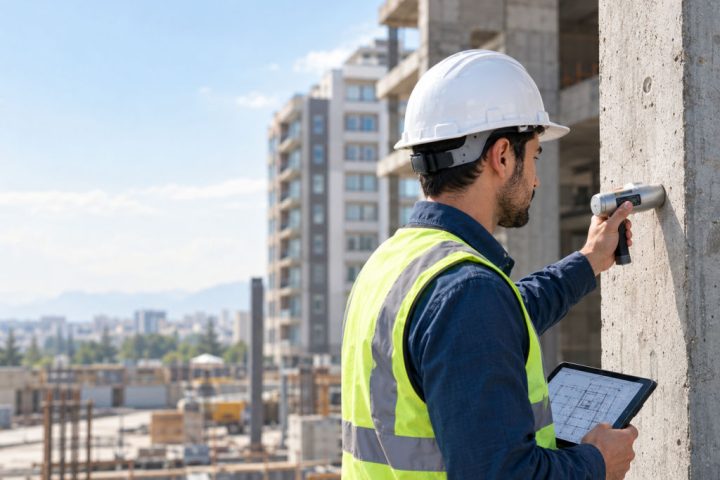 مهندس عمران در حال ارزیابی استحکام بنا با آزمایش چکش اشمیت